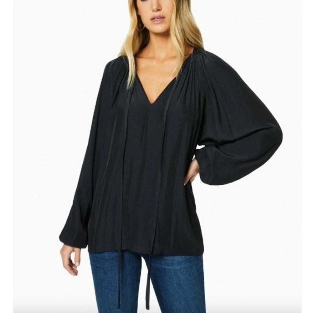 Ramy Brook Black Peasant V-Neck Tie Blouse Boho Sleeve Top | Size L | $325